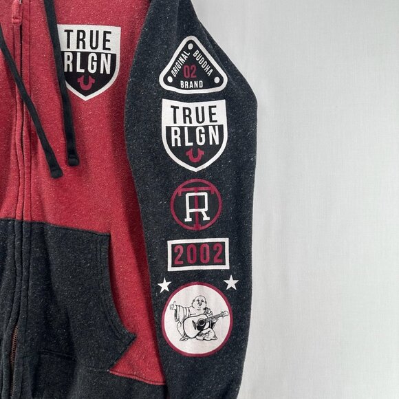 True Religion Hoodie Mens L Colorblock Fleece Full Zip Sweatshirt Red Black - Picture 8 of 14